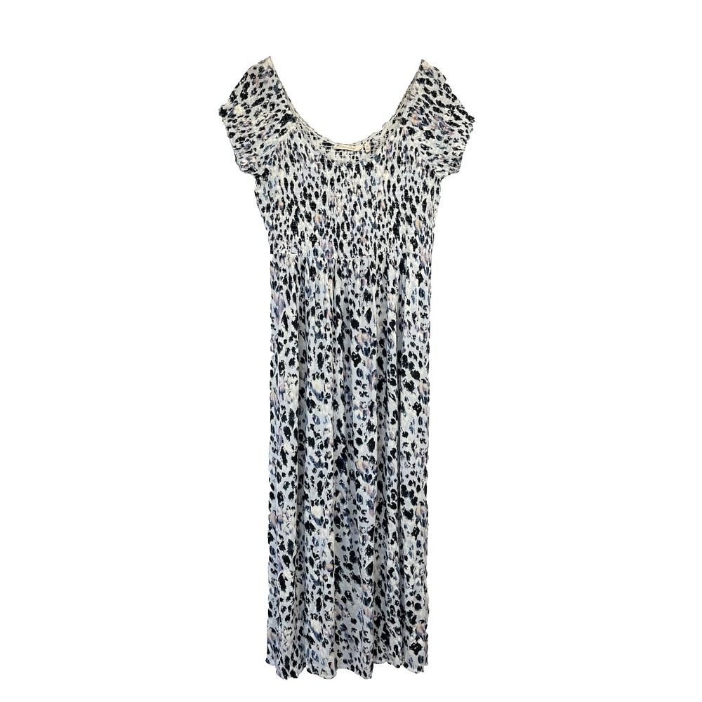 Soft Surroundings Womens Off Shoulder Crepe Maxi Dress M Smocked Animal Print